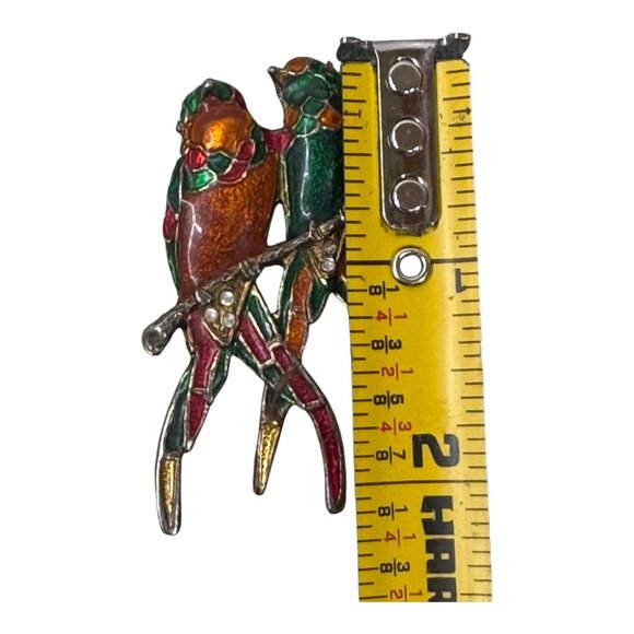 Vintage Enamel Parrot Brooch Rhinestones Parakeet Lovebirds Duette Pin Orange - Picture 4 of 5